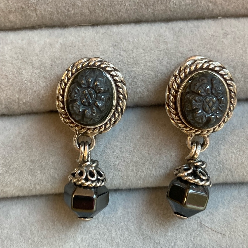 Stephen Dweck sterling silver 925 vintage black flower clip-on drop earrings